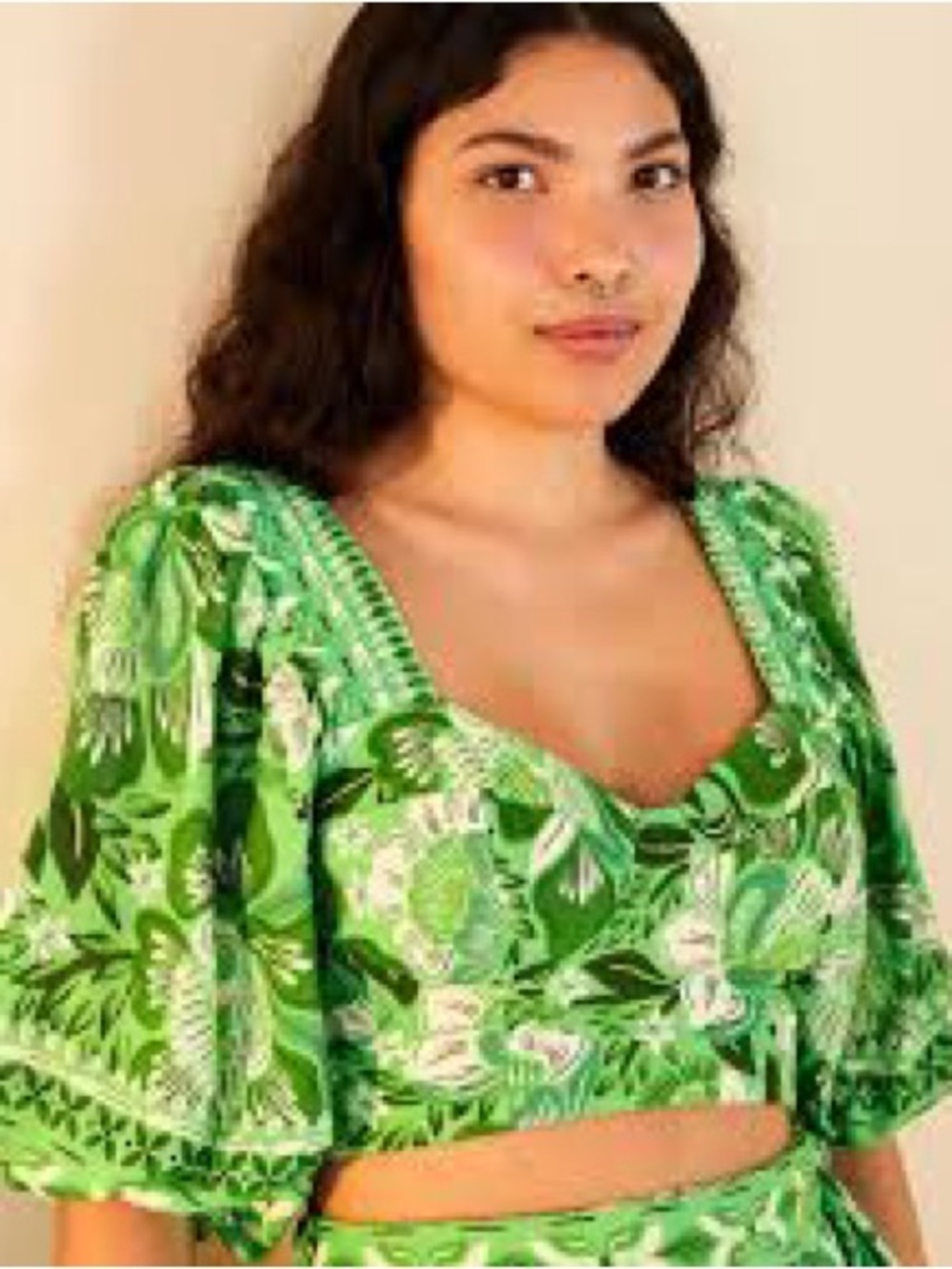 FARM Rio Green Floral Puff-Sleeve Crop Top